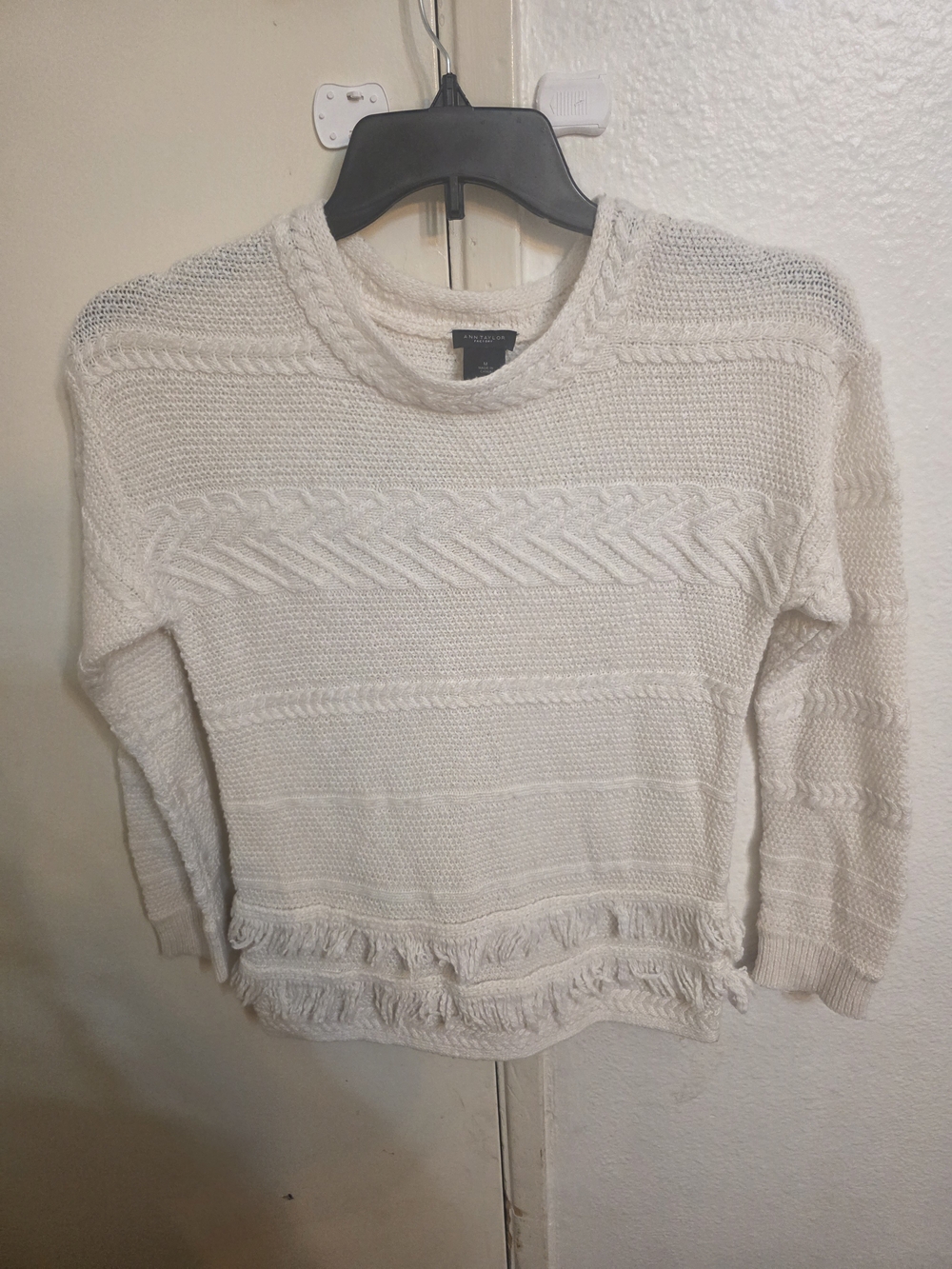 Ann Taylor Cream Cable & Textured Crew Neck Sweater